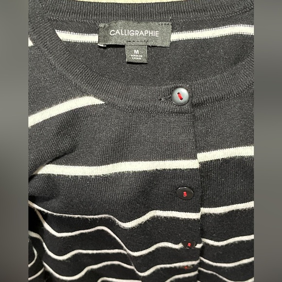 Calligraphie Black White Stripe Cardigan Red Heart Accent Medium Button Front - Picture 7 of 8